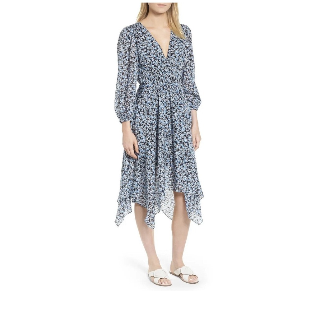 Nordstrom Signature Silk Handkerchief Hem Dress Blue Floral NS384098MI Size 6